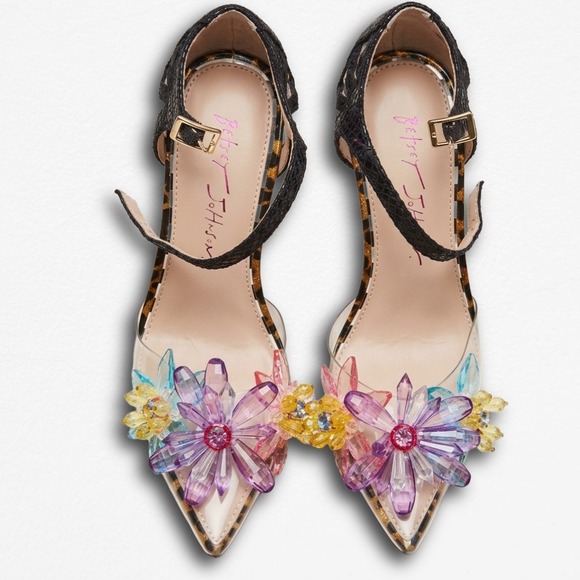Betsey Johnson Shoes - Betsey Johnson Womens Floral Embellished Clear Leopard Print Pointed Toe Pumps